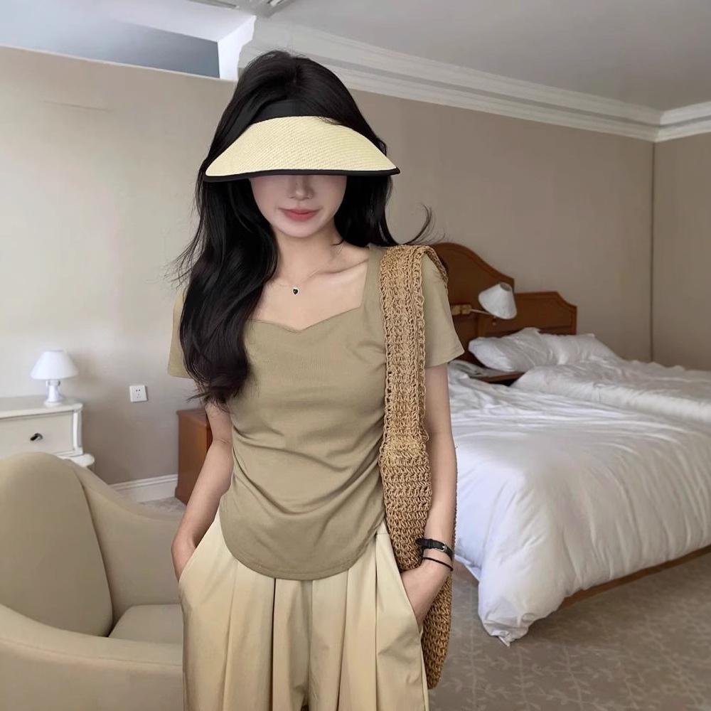 

Women s White Ruched Waist Square Neck Slim Fit T-Shirt Large кавовий