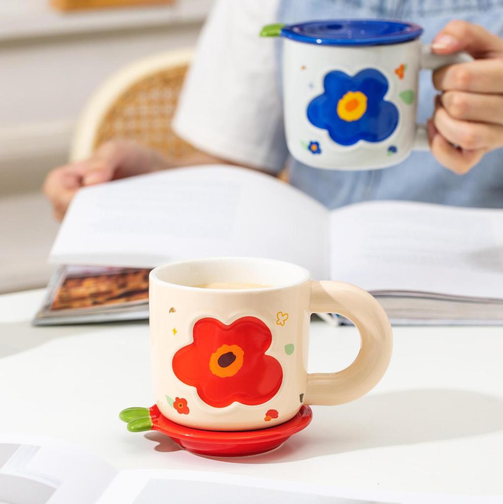 Creative Danish Flower Mug with Lid Gift Coffee Cup Couple High Value Water Cup Ceramic Cup Souvenir