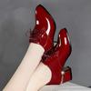 Women Cute  Black Patent Leather Lace Up Square Heel Shoes  De  Lady Classic Red Autumn Shoes