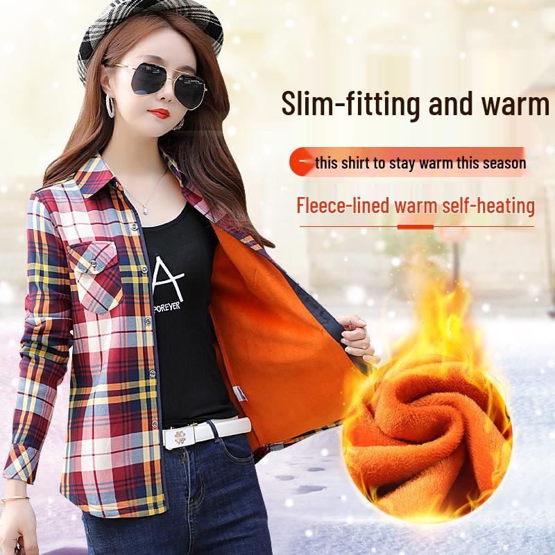 Women's Fleece-Lined Plaid Shirt, Long Sleeve, Warm, Slim Fit, Plus Size, Korean Style for Autumn and Winter.