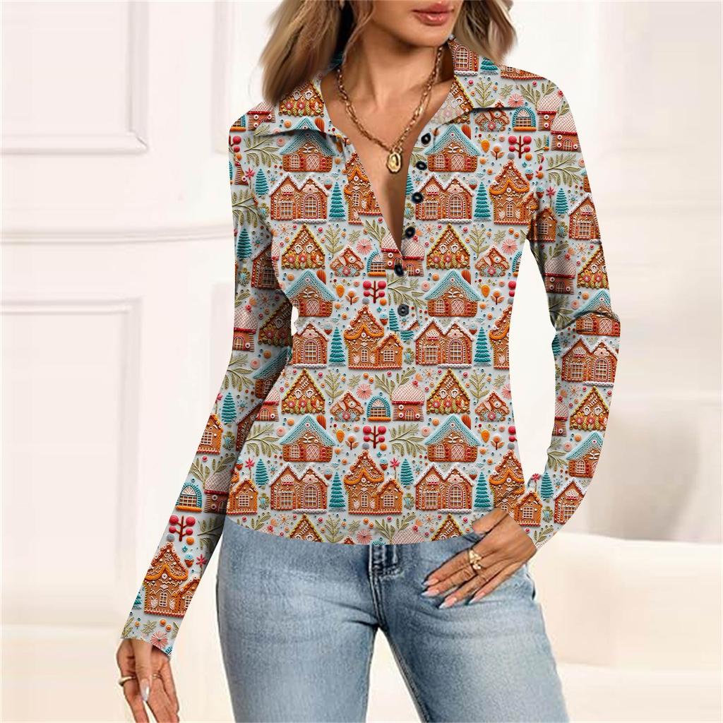 Damska Moda Casual Drukowana Bluzka z Dekoltem w Serek, Długim Rękawem, Zapinana na Guziki