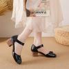 2025 Summer Genuine Leather Shoes Gladiator Sandals Women 4cm High Heels Classic Black Round Toe Hollow Ladies Sandals