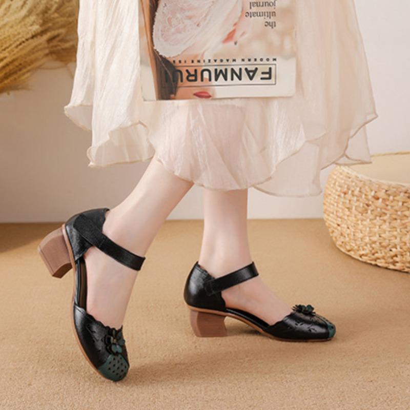 2025 Summer Genuine Leather Shoes Gladiator Sandals Women 4cm High Heels Classic Black Round Toe Hollow Ladies Sandals