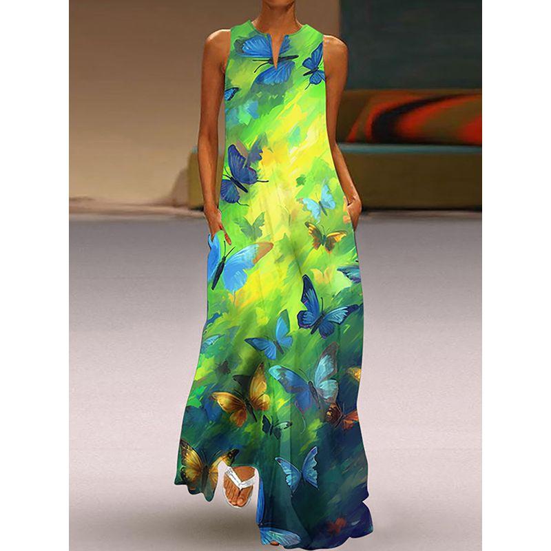 Fashion Plus Size Fancy Dress 3D Print Fashion V Neck Pocket Long Dress Large Swing Sexy Sleeveless Beach Dress