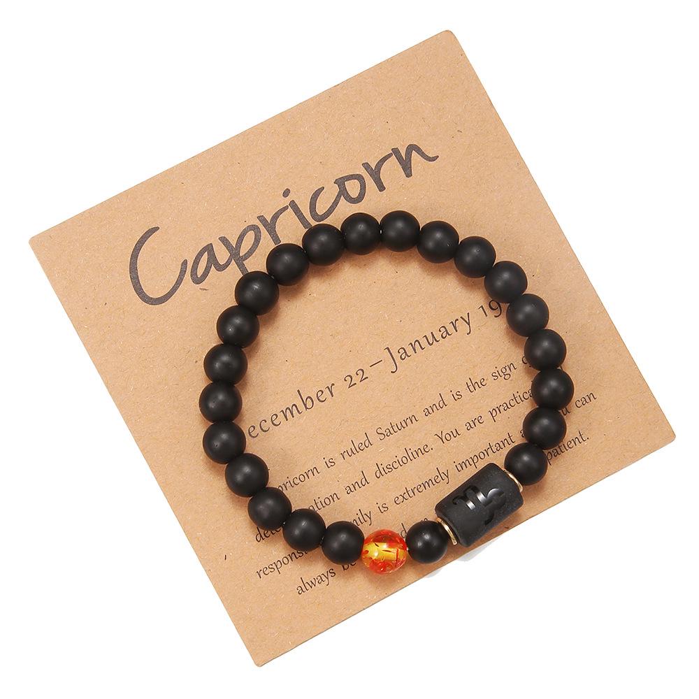 Black Matte Agate Beaded Bracelet with Zodiac Signs - Elastic Buddhist Couple Design