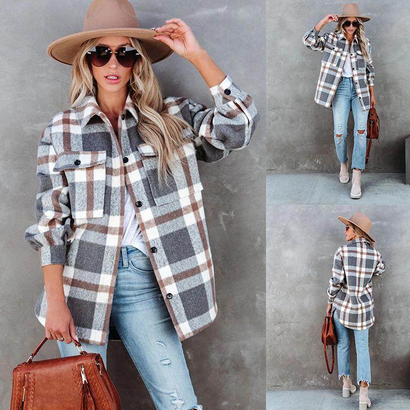 Women Winter Warm Long Sleeve Lapel Two Pocket Plaid Woolen Coat Outerwear