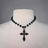Temperament Punk Inlay Red Rhinestone Black Hollowed-out Cross Collar Necklace for Women Gothic Halloween Jewelry Accessory Gift