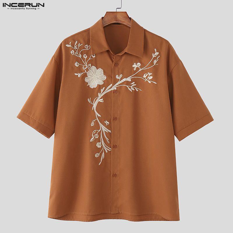INCERUN Summer Men Short Sleeve Embroidery Loose Casual Vintage Shirts Tops