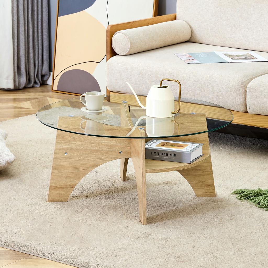 Modern Round Glass Coffee Table – diameter 80 cm with Transparent Top. Fan-shaped Frame, Table Legs MDF Natural Wood Tone. Ideal for Living Room.