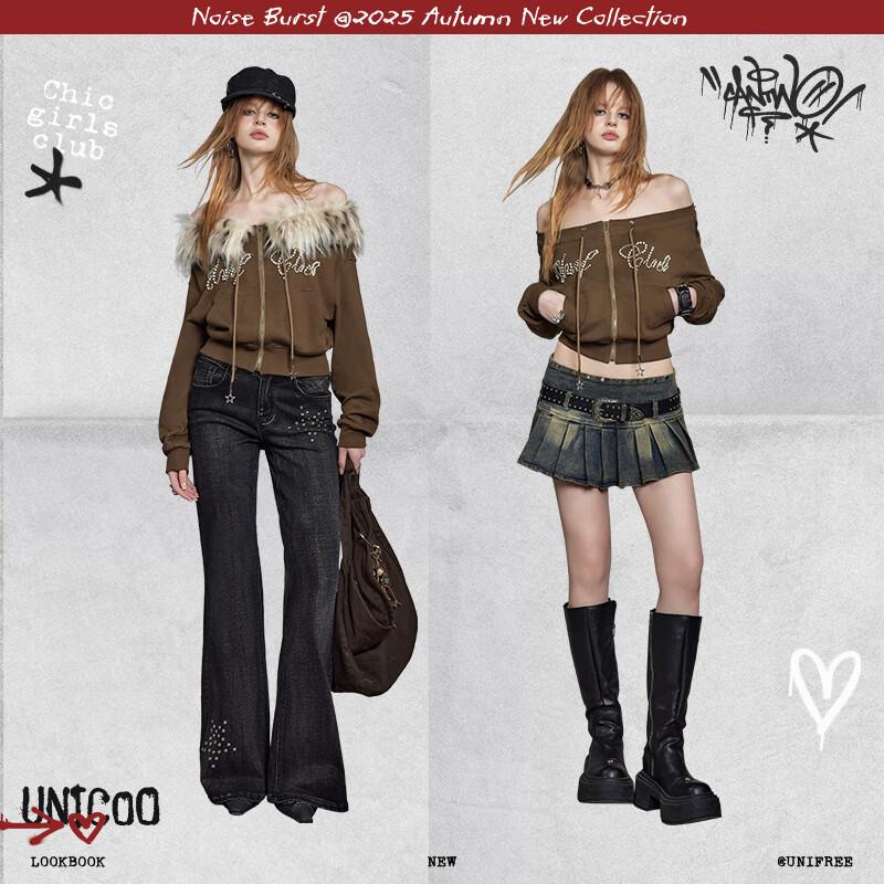 UNIFREE American Retro Fur Collar Cropped Sweatshirt Jacket