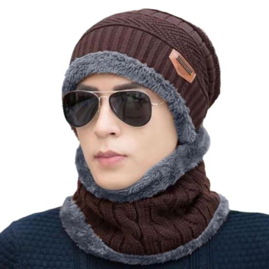 

1 Set Unisex Winter Hat Scarf Set Thick Soft Plush Knitted Elastic Anti-slip Neck Head Protection Cold Resistant Outdoor кофейный
