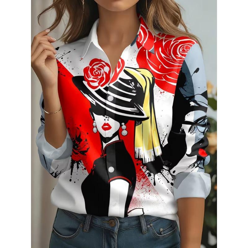 New Women's Shirts Vintage Floral Printed Spring Autumn Blouse Lapel Neck Blouse Women Long Sleeve Loose Casual Geometric Shirts