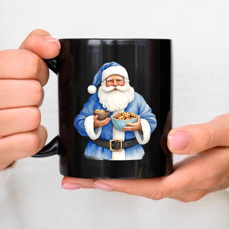 Ceramic coffee cup, black Santa holding a bowl of cereal, Christmas gift for coffee drinker чёрный