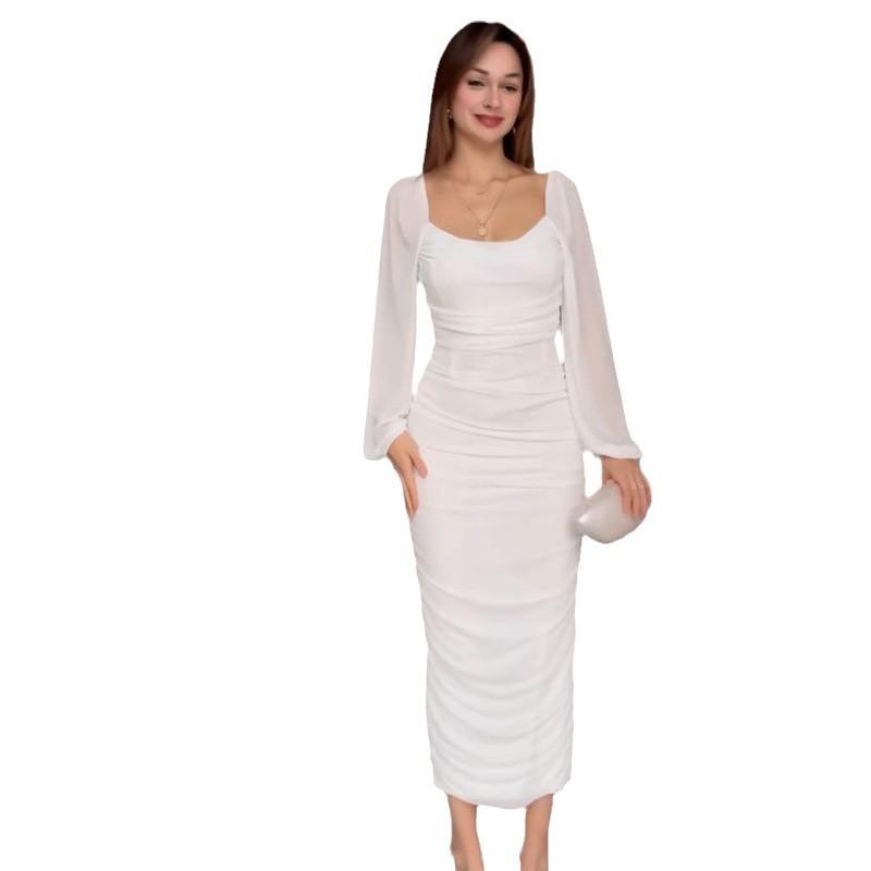 2025 Spring U-Shaped Pleated Solid Color Waist-Hugging Dress for Women