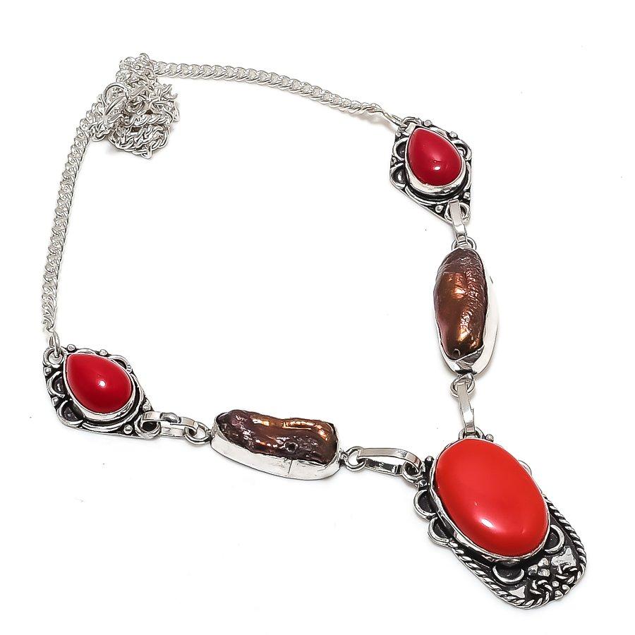 Natural Italian Red Coral, Pearl 925 Sterling Silver Jewelry Necklace 18" k2y17