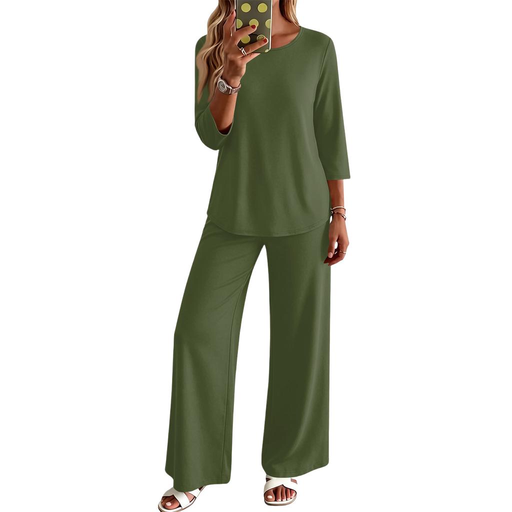 Women’s Casual Loose Fit Round Neck Three Quarter Sleeve Top and Wide Leg Pants Two Piece Set for Everyday Wear