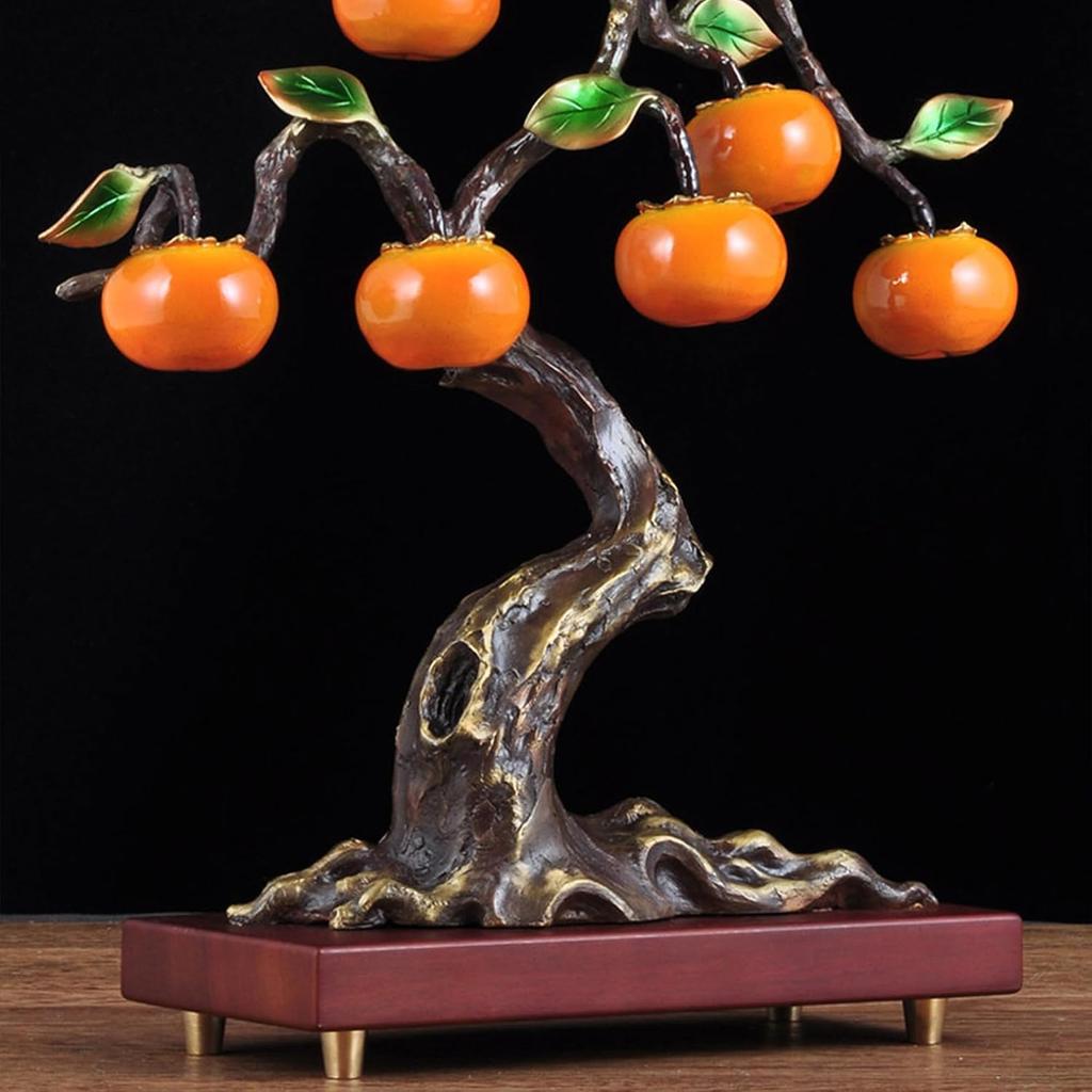 Aris & Juno Hand-Painted Copper Persimmon Tree Sculpture, Traditional Chinese Everything Goes Well Blessing Statue, Feng Shui Office Desk Home Living