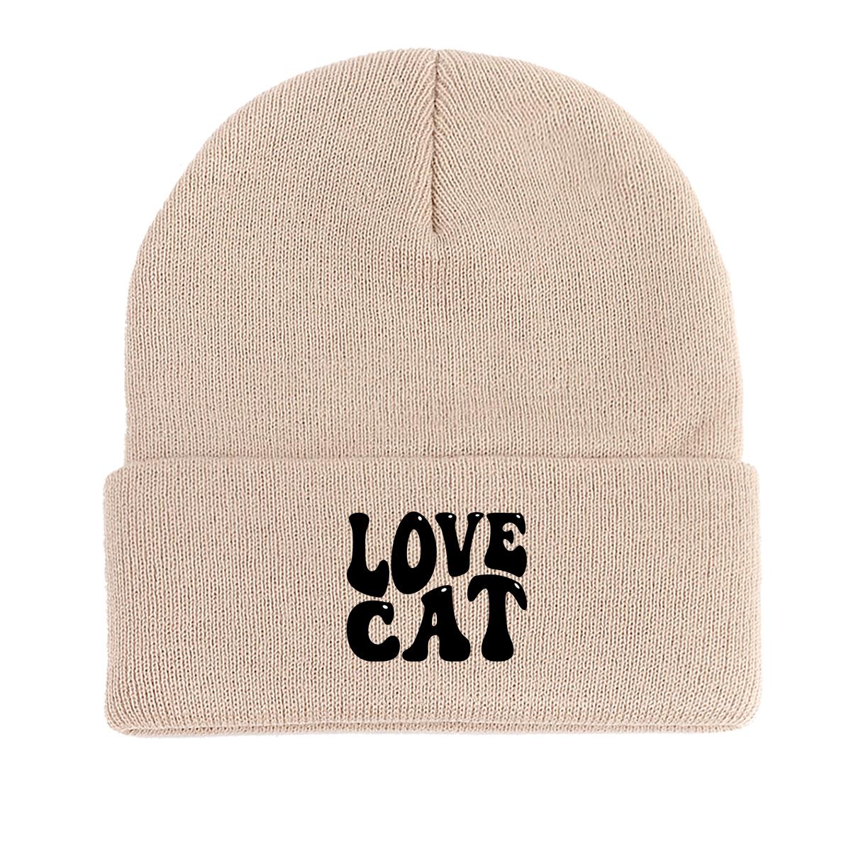 

Шапка-бини вязаная с принтом LOVE CAT , Шапка мужская с животным, Ветрозащитная, Конфетного цвета, Модная, с помпоном, Вязаная шапка-бини as the picture бежевый