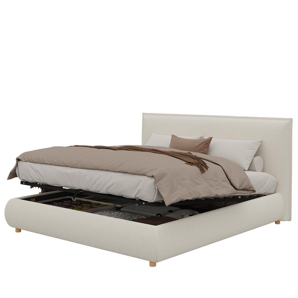 Upholstered Bed, 180*200cm, Hydraulic Functional Bed with Slatted Frame, Headboard and Large Storage Space, Solid Wood Bed Legs, White Bouclé