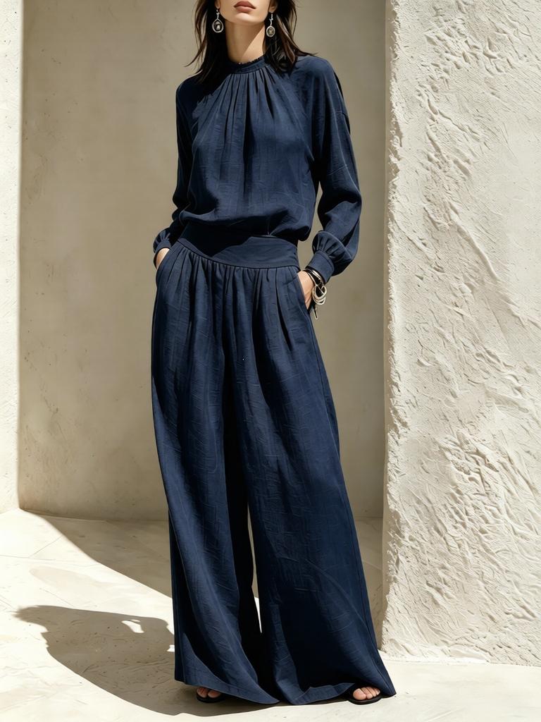 Women's 2 Piece Long Sleeve Top and Wide Leg Pants Set Cotton Linen Casual Outfit