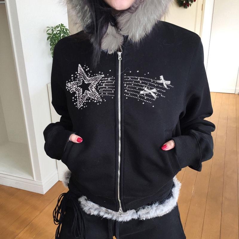 2KWEIRD Gothic Vintage Rhinestones Graphic Hoodie Solid Fur Patchwork Hooded Jackets Women's Double Zipper Coats