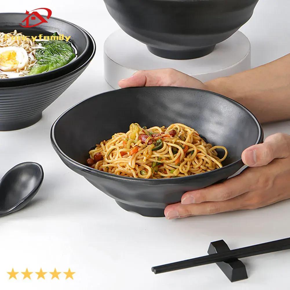 Fancyfamily Black Frosted Melamine Japanese Style Beef Ramen Bowl Bamboo Hat Shape Soup Bowl Fast Food Tableware