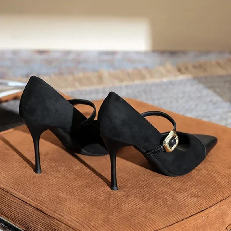 Fashion Sexy Pointed Toe Thin High Heels Women Leather Covered Toe Design Women Pumps Metal Belt Buckle Women's Elegant High Heel Shoes