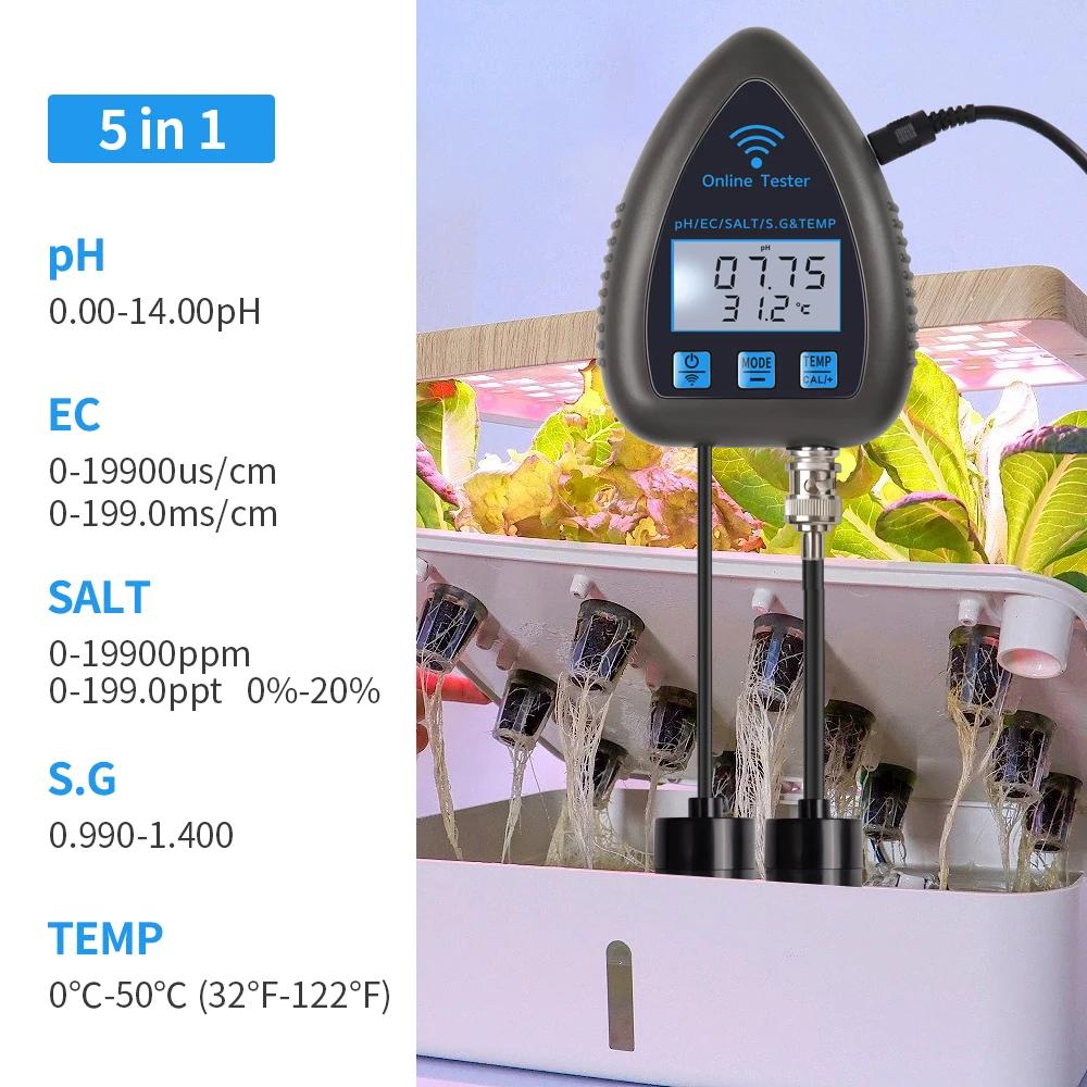 Tuya WiFi 5 in1 Water Quality Tester Online Monitor TDS EC S.G Salinity Temperature Test PH Meter Hydroponics Aquarium Pool 220V