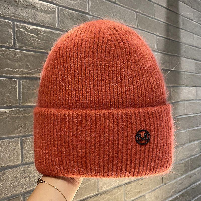 Knit Beanie Hat Rabbit Hair Blend Metal Letter M Label Warm Ear Protection Winter Autumn Trendy Skullcap Women