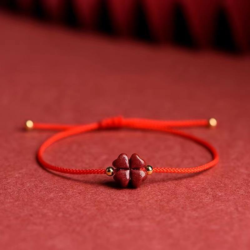 Hot Selling Cinnabar Four-Leaf Clover Bracelet: Fashionable, Versatile, Simple Red Rope Zodiac Year Hand Accessory