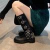 All Cowhide~ Yi Mengling Same Buckle Catwalk Belt Buckle Leather Thick Heel Retro Cowboy Knight Medium Boots