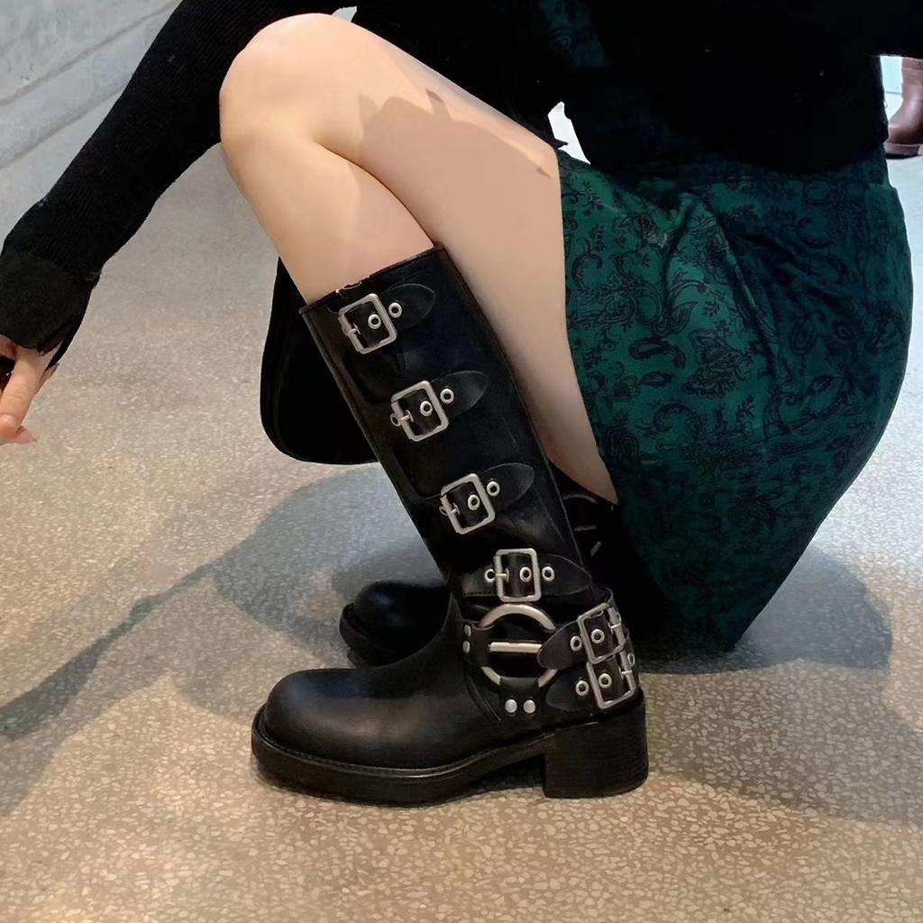 All Cowhide~ Yi Mengling Same Buckle Catwalk Belt Buckle Leather Thick Heel Retro Cowboy Knight Medium Boots