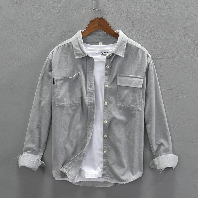 

Мужская осенняя вельветовая куртка-рубашка с длинным рукавом — стиль Гонконг, свободный и повседневный