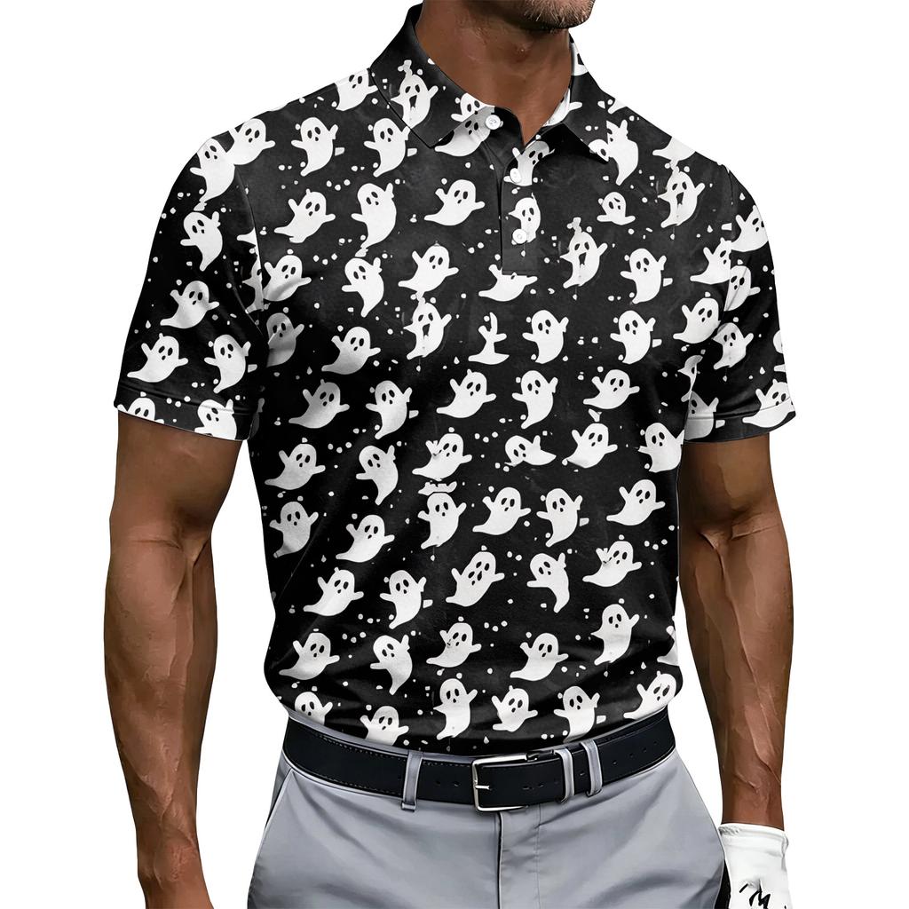 Men's Short Sleeve Polo Shirt Halloween Skull and Rose Print Button Down Casual Fit Lightweight Breathable Fabric