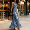 Abito Lungo in Chiffon Floreale da Donna, con Scollo all'Americana, Senza Maniche, Arricciato, Collo Alto, da Ospite di Matrimonio, Cocktail, da Sera