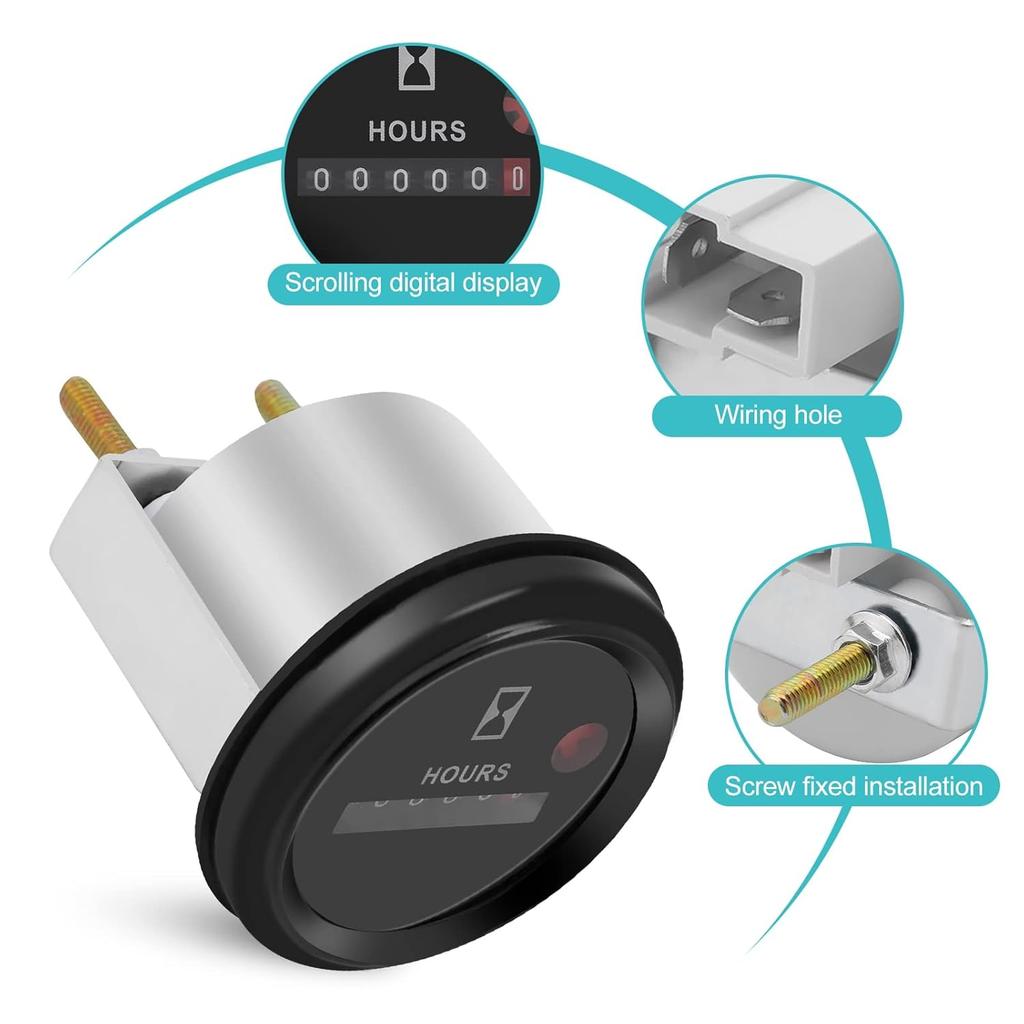 Quartz Hour Meter, 12-36V DC AC Mechanical Round Hour Meter Waterproof Hour Gauge for Boat Auto Snowmobile Lawn Tractors Generators Car Truck Engine