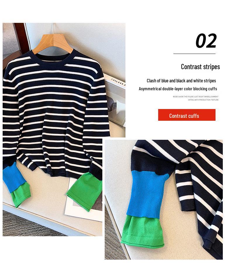 Thickened Skin-Friendly Age-Reducing Colorblock Cuffs Striped Knit Sweater - Xiaohongshu Style Long-Sleeve Base Layer for Autumn/Winter
