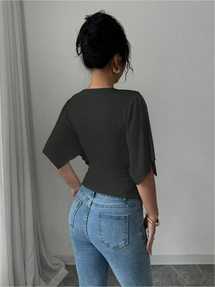 Elegant V-neck Versatile Trend Big Sleeve Women's T-shirt Two-piece Set
