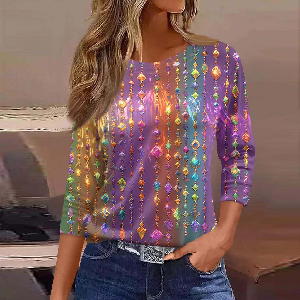 3/4 Length Sleeve Womens Tops Floral Print Vintage Fashion Casual Loose With Round Neck Plus Size Shirts