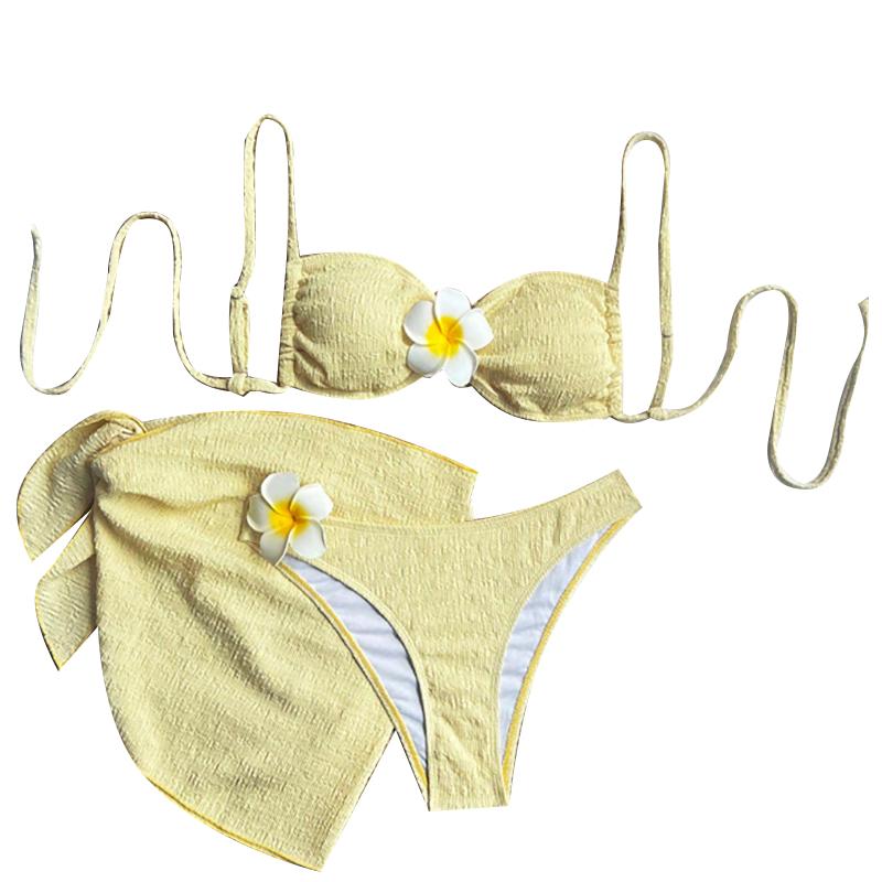 Sexy Gelbes 3D-Blumen-Bikini-Set Damen Falten Push-Up High Waist Badeanzug Strandbadeanzug Cover-Up 3-teilige Badebekleidung