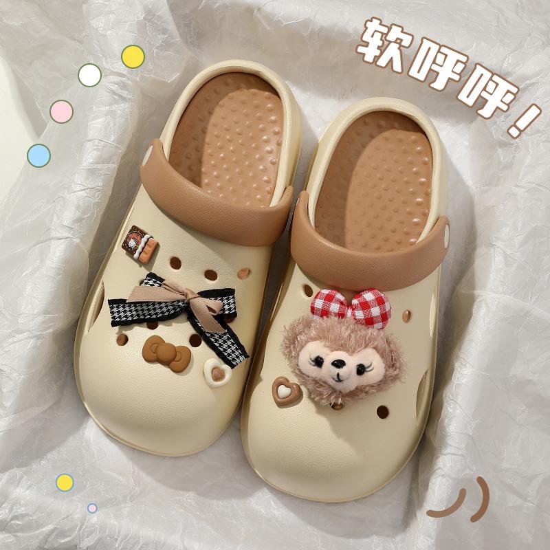 Cute Bear Hole Shoes Summer New Wear Breathable Cool Slippers Two Wear Non-slip Heightening Bag Head Slippers Ladies