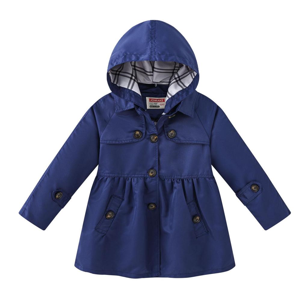 Girls' British Style Button Trench Coat with Detachable Hood - Waist-Defining, Solid Color, Mid-Length, Autumn Classic Fashion.