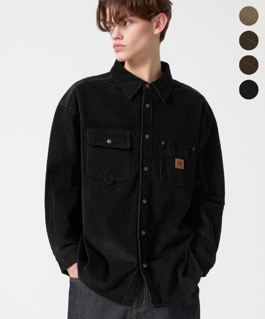 TRILLION Leather Patch Corduroy Work Shirt_4Color