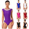Damen Gymnastik Eiskunstlauf Body Rundhals Ärmellos Glänzende Strasssteine Mesh Patchwork Turnanzug Tanz Jumpsuit