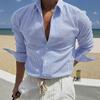 Camisa de Hombre de Seersucker Rayado con Botones Manga Larga Casual Transpirable Verano Playa Oficina Diaria