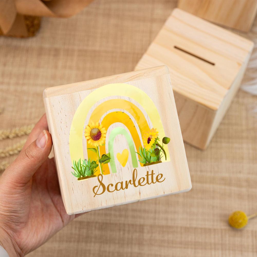 Personalized Wooden Piggy Bank, Gift for School Enrollment, Custom Name Coin Bank, Cube Wooden Animal Money Box, Birthd