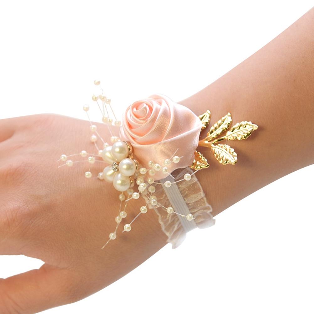 Delicate Silk Wrist Corsage Bracelet with Pearl Beads for Wedding Prom