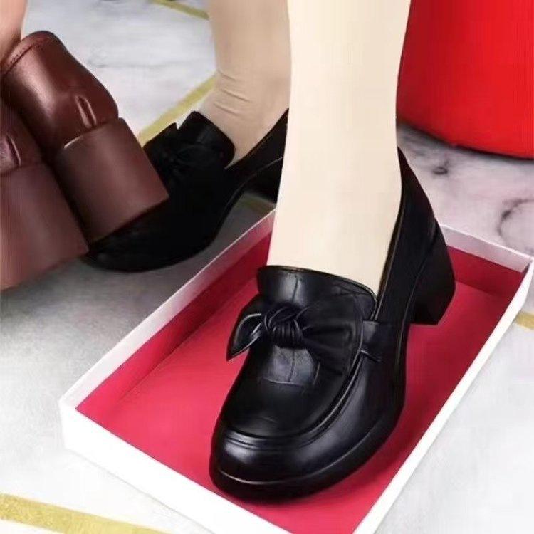 New thick heel small leather shoes autumn bow platform single shoes soft leather