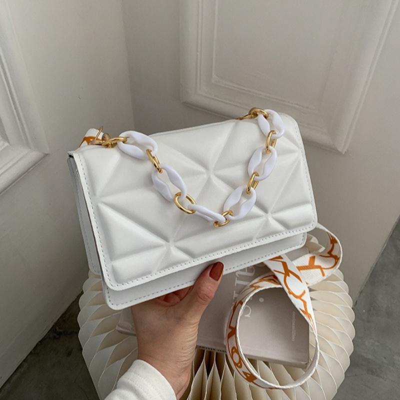 Chic Women Quilted Faux Leather Crossbody Bag, Gold Chain Adjustable Printed Wide Strap Shoulder Purse Casual Daily Handbag