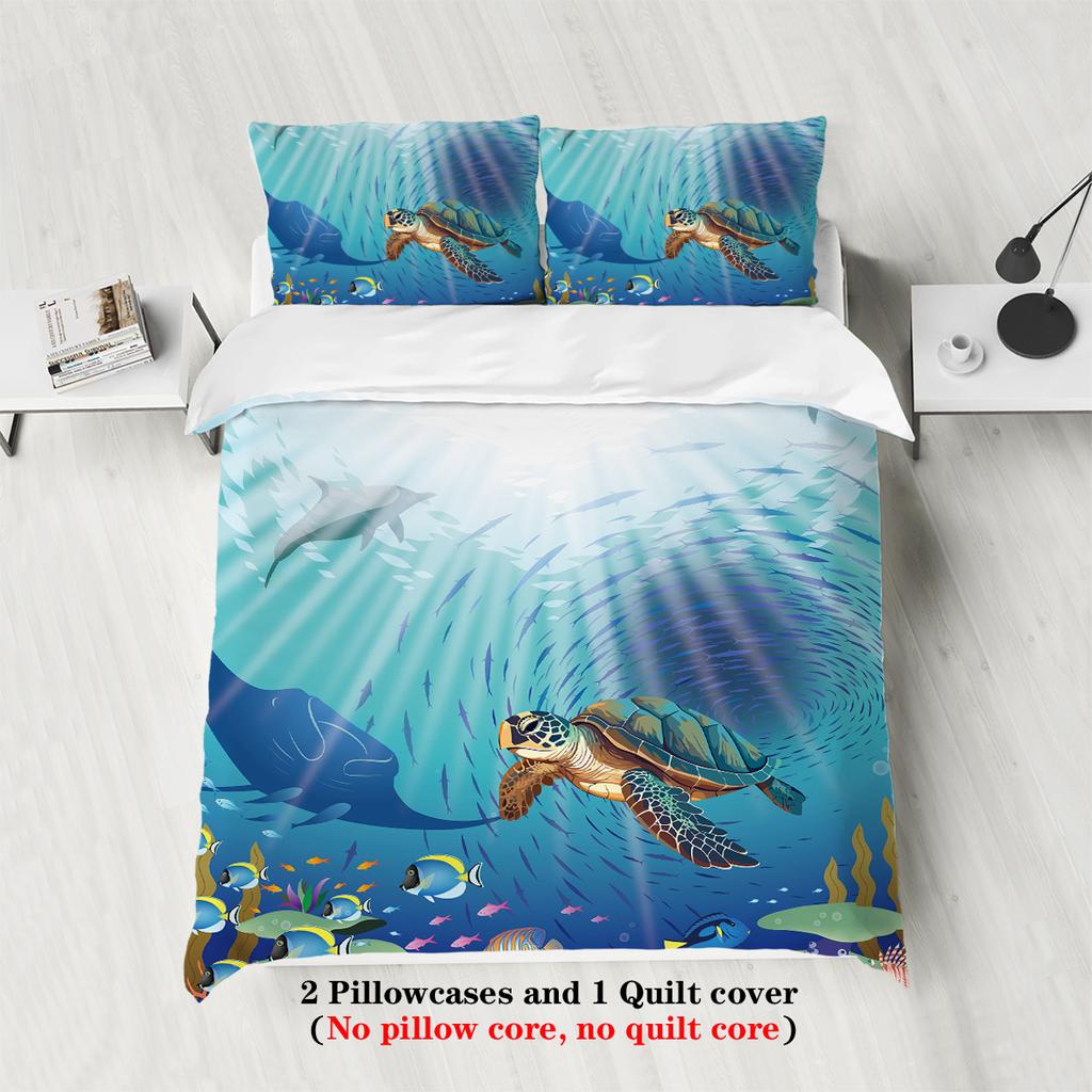 3-piece set, turtle underworld themed pattern printed bedding set, 1*duvet cover+2*pillowcase, for queen, king, double bedroom